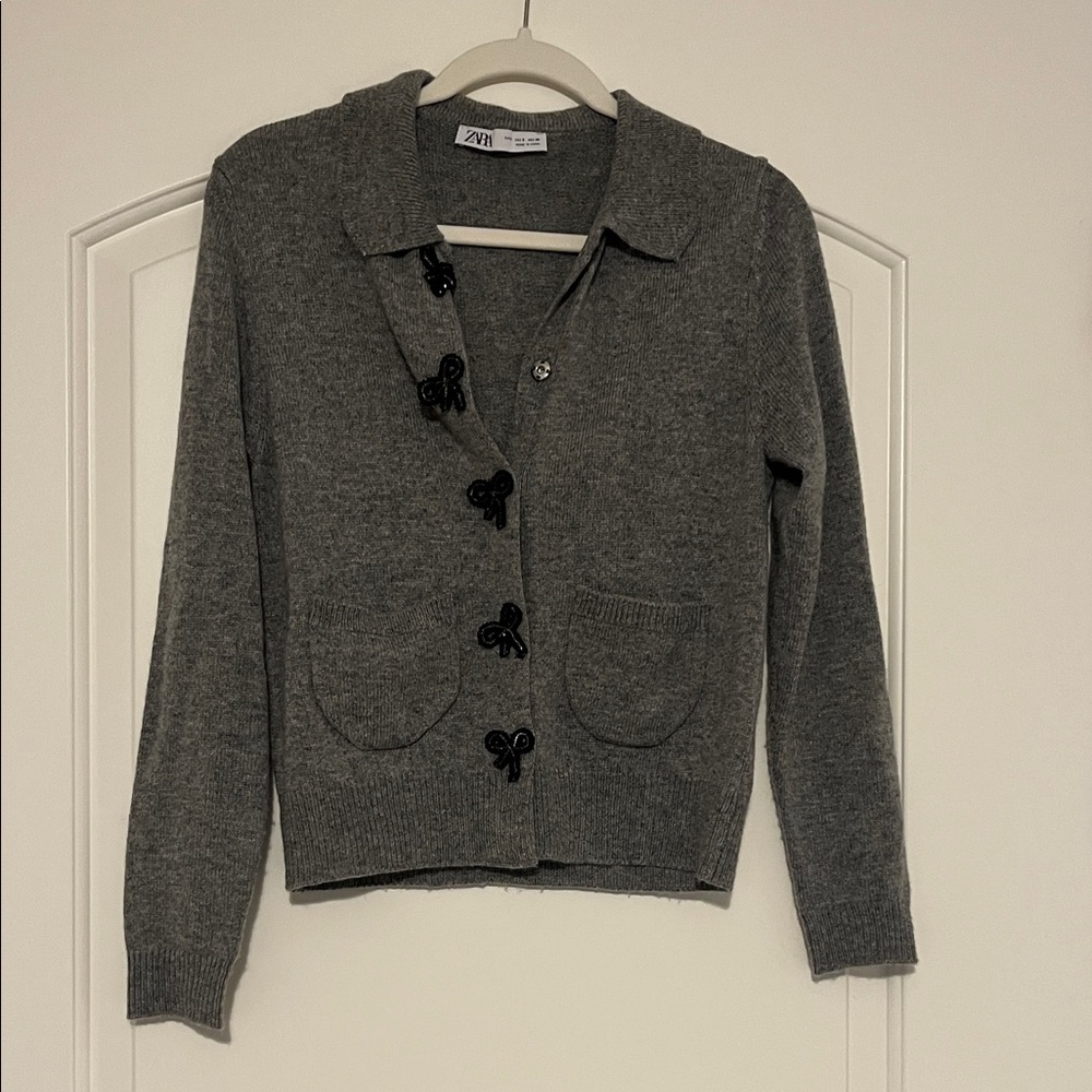 Zara Gray Women's Cardigan with Sequined Bow Snaps